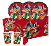 BeenSmile Hot Wheels - Juego de 37 platos de papel, vasos de papel, servilletas, mantel + 8 pajitas de papel para cumpleaños infantiles