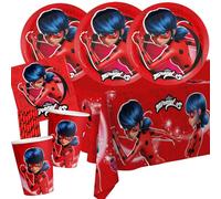 BeenSmile Miraculous Ladybug - Juego de 37 platos de papel, vasos de papel, servilletas, mantel + 8 pajitas de papel para cumpleaños infantiles