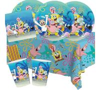 BeenSmile Set de fiesta de Bob Esponja, 37 piezas, platos de papel, vasos de papel, servilletas, mantel + 8 pajitas de papel para cumpleaños infantiles