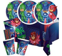 BeenSmile Set de fiesta PJ Masks de 37 piezas, platos de papel, vasos de papel, servilletas, mantel + 8 pajitas de papel para cumpleaños infantiles