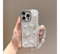 BEENTRYS Funda Brillante para Xiaomi Poco F7 Pro 5G / Redmi K80 Funda,Mariposas Perlas Diamantes Niñas Mujeres Elegante Regalo Suave TPU Delgado Antigolpes Carcasa con Pulsera-Blanco