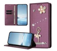 BEENTRYS Funda Cartera para OPPO A16 / A16S / A53S 5G,Cuero PU Brillante Bailarina Flor Perlas Strass RFID Ranuras para Tarjetas Soporte Magnético Antigolpes Carcasa-Moradooscuro