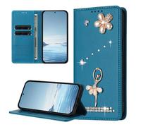 BEENTRYS Funda Cartera para OPPO A78 4G,Cuero PU Brillante Bailarina Flor Perlas Strass RFID Ranuras para Tarjetas Soporte Magnético Antigolpes Carcasa-Azul