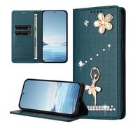 BEENTRYS Funda Cartera para Vivo V60 Lite 5G,Cuero PU Brillante Bailarina Flor Perlas Strass RFID Ranuras para Tarjetas Soporte Magnético Antigolpes Carcasa-Verdeoscuro