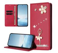 BEENTRYS Funda Cartera para ZTE Blade A35E,Cuero PU Brillante Bailarina Flor Perlas Strass RFID Ranuras para Tarjetas Soporte Magnético Antigolpes Carcasa-Rojo