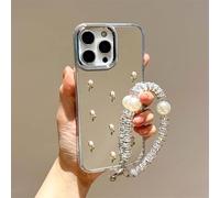 BEENTRYS Funda Espejo para Realme GT Neo5 240W / GT Neo5 SE,Bonito Transparente Floral con Pulsera de Perlas Brillante Estético Suave TPU Antigolpes Carcasa para Niñas Mujeres-Plata