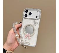 BEENTRYS Funda Espejo para Xiaomi POCO F7 Ultra 5G/Redmi K80 Pro Funda,Brillante Perlas Strass Mariposa Niñas Mujeres Elegante Regalo Suave TPU Delgado Antigolpes Protección Carcasa con Pulsera-Blanco