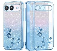 BEENTRYS Transparente Floral Funda para Google Pixel 8A,Clear Glitter Bling Sparkle Brillante Slim Niñas Mujeres Antigolpes Suave TPU Carcasa para Google Pixel 8A-Azul