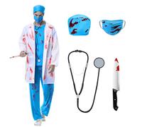 Beeoecm Disfraz Médico Zombie Hombres, Conjunto Disfraz Cirujano Horror Traje Médico Halloween Hombres con Bata, Gorro de Doctor, Mascarilla de Doctor, Top, Pantalones y Estetoscopio (M)
