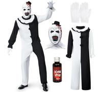 Beeoecm Disfraz Payaso Asesino Hombre, Disfraz Payaso Terror Hombre Conjunto de Disfrazs Payaso Terrifier con Mono Negro Blanco y Máscara de Sombrero de Payaso Terrifier para Halloween Carnaval (XXL)