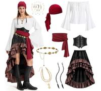 Beeoecm Disfraz Pirata Mujer, Disfraz de Pirata Mujer con Corset | 10 Pieza Disfraces Piratas Mujer con Blusa, Falda, Corset, Trenzas Postizas, Cadena para la Cintura, Collar para Halloween