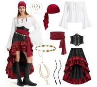 Beeoecm Disfraz Pirata Mujer, Disfraz de Pirata Mujer con Corset | 10 Pieza Disfraces Piratas Mujer con Blusa, Falda, Corset, Trenzas Postizas, Cadena para la Cintura, Collar para Halloween