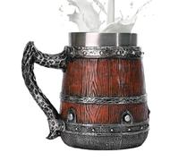 Beer Stein | Simulated Wooden Barrel Stainless Steel Double Wall Cocktail Mug 550ml with Handles | Handmade Bucket Shaped Drinkware, Beer Drinking Accessories for Men