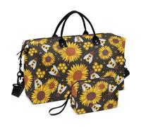 Bees Happy Good Luck Honeycombs - Bolsa de lona con diseño de girasoles dorados, bolsa de fin de semana, bolsa deportiva para gimnasio, bolsa de aseo para viajes, juego de 2 piezas