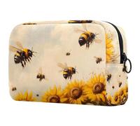 Bees on Sunflowers Field - Bolsa de cosméticos para mujer, neceser de viaje, bolsa organizadora de maquillaje grande con cremallera, multicolor, 18.5x7.5x13cm/7.3x3x5.1in, Neceser