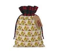 Bees Sunflowers Daisy Rose Flowers Printing Color Matching Plaid Drawstring Christmas Bag with Kraft Tag 4.7x6.9 In For Halloween