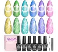 Beetles Cat Eye Gel Esmalte de Uñas de Gel 6 Colores Verano Brillo Perlas de Ojo de Gato Juego de Esmalte de Uñas con Imán Arco Iris Remolino Amarillo Rosa Azul Púrpura Verde DIY Manicura Regalos para