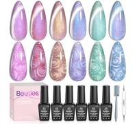 Beetles - Esmalte de uñas en gel perla, juego de 6 colores con purpurina holográfica y ojo de gato con brillo con barra magnética, diseño de sirena arco iris, concha de hilo en espiral morada, rosa