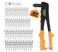 BEETRO Remachadora de mano resistente, pistola remachadora, 3/32"-1/8"-5/32"-3/16", juego de 4 piezas de nariz incluye 100 remaches, duradero y adecuado para metal, plástico y cuero