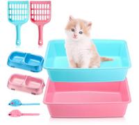 Beeveer Juego de 2 cajas de arena para gatitos, 2 cajas de arena de plástico para gatos pequeños, entrada baja con 2 palas, 2 cuencos para gatos y 2 juguetes de ratón para gatitos pequeños, 14.5 x
