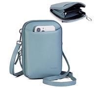 befen Bolso cruzado de piel auténtica para teléfono celular para mujer, pequeño con cremallera alrededor, Gris azul, Small
