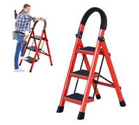 Befoore Escalera de 3 peldaños con pedal ancho y antideslizante, taburete plegable portátil con empuñadura, escalera alta y resistente for el hogar, la cocina y el hogar.(Red)