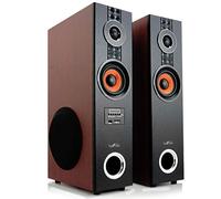 beFree Sound Altavoces de torre de madera dual Bluetooth alimentados por 2.1 canales con entrada óptica, marrón, altavoz de torre BFS