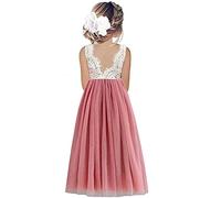Beganly Vestido de fiesta para niñas de encaje con espalda en V, sin mangas, mullido, tul, vestido de fiesta de princesa, vestido de fiesta de flores, Rosa larga y polvorienta, 7-8 Años