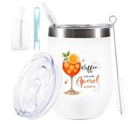 Begonia 12 oz Aperol Copa de vino de acero inoxidable, Aperol Spritz vino regalos con tapa, paja y cepillo de pajita, taza de vino con café porque es demasiado pronto para Aperol, taza de vino de café