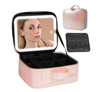 Behaesty Bolsa de maquillaje de viaje con espejo iluminado LED, bolsa organizadora de maquillaje con 3 ajustes de color, estuche de maquillaje con separadores ajustables para brochas de maquillaje