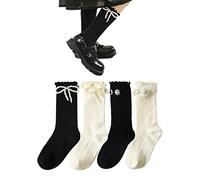 BEHELE Calcetines de vestir de princesa para niñas pequeñas con lazo de perla, hasta la rodilla, elegantes, únicos, calcetines Mary Janes, uniforme, medias largas, Varios colores, 3-5 años