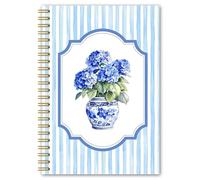 BEHIFL Chinoiserie Blue Hydrangea Floral Spiral Notebook Journal, Preppy Blue Striped Hydrangea Flower Notebook, Grandmillennial Flower Botanical Plant Journal, 5.5x8.3 Inches