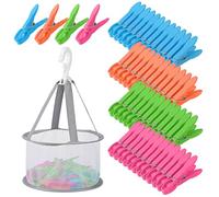 Behiruch 48 Pinzas de la Ropa de plástico Multicolor con para la, Cesta y Bolsa para Pinzas de la Ropa, Antideslizantes y Resistentes al Viento, sin impresión, Pinzas para Toallas, adecuadas