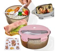 Behiruch Fiambrera redonda, para microondas, con compartimentos separadores, con cubiertos, fiambrera a prueba de fugas, para niños y adultos, color rosa