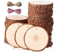 Behogan 24 discos de madera natural: discos de madera natural con agujero y cuerda de 2 x 10 m, círculos de madera de 9-10 cm, discos de madera redondos, para manualidades, bodas, decoración de