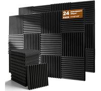 Behogan 24 unidades de espuma acústica de 30 x 30 x 2,5 cm, de poliuretano de alta densidad, color negro, diseño de ranura triangular, insonorización, absorción de sonido para estudio, oficina, cine