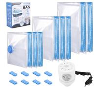 Behogan 8 bolsas de vacío para ropa con bomba de aire eléctrica, 2 jumbo, 3 grandes, 3 medianas, bolsas de compresión al vacío, reutilizables, para almohadas, viajes, ropa de cama, bolsas de