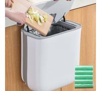 Behogan Cubo de basura de cocina de 10 litros colgante con tapa, cubo de basura plegable con 5 rollos de bolsas de basura (75 unidades), contenedor de basura de cocina de plástico