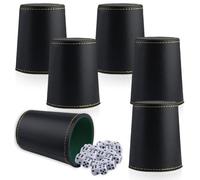 Behogan Juego de 6 vasos de piel sintética y 30 dados (16 mm), con forro de fieltro de piel sintética, juego de 6 vasos de dados de piel sintética, accesorios de juego, color negro