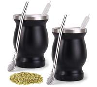 Behogan Juego de tazas de té mate de 2 piezas: taza de té mate con cuchara y cepillo de limpieza, vaso de acero inoxidable de doble pared para café, leche y jugo (negro)