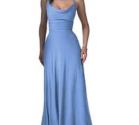 behound Lulah Drape Maxi Dress with Built-in Bra, Summer Solid Color Round Neck Sling Waist Sexy Dress (M,Sky Blue)