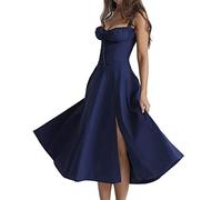 behound No Underwire-Print Bustier Sundress, Women Y2k Square Neck Low Cut Sleeveless Bustier Midi Dress (S,Blue)