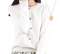 behound Women's Cashmere Cardigan Sweater, Cashmere Button Front Long Sleeve Crewneck Knit Cardigan Sweater (M,Milky White)