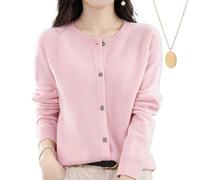 behound Women's Cashmere Cardigan Sweater, Cashmere Button Front Long Sleeve Crewneck Knit Cardigan Sweater (L,Pink)