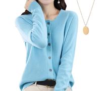 behound Women's Cashmere Cardigan Sweater, Cashmere Button Front Long Sleeve Crewneck Knit Cardigan Sweater (L,Lake Blue)