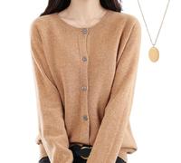 behound Women's Cashmere Cardigan Sweater, Cashmere Button Front Long Sleeve Crewneck Knit Cardigan Sweater (M,Golden Camel)