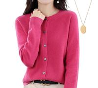 behound Women's Cashmere Cardigan Sweater, Cashmere Button Front Long Sleeve Crewneck Knit Cardigan Sweater (L,Raspberry)