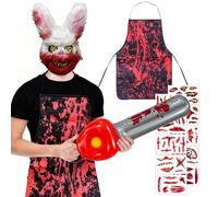 Beibeijia Halloween MáScara Horror Conejo Set, 4 Piezas Accesorios de Armas de Terror de Halloween, Delantal Sangriento, Pistola Inflable, Pegatinas para Disfraz de halloween, Cosplay, Mascarada