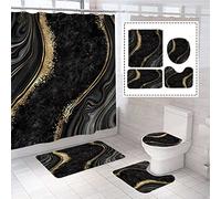 beifivcl Juego de 4 Cortinas de Ducha de mármol de Lujo, Juegos de decoración de baño con Cortina de Ducha, Alfombra de Tapa de Inodoro, Contorno y Alfombrilla de baño con 12 Ganchos (72 x 72