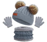 beifon Gorro de Punto Invierno Térmico con Guantes y Bufanda Forro Polar Niños Set Beanie Gorro Sombrero de Punto Invierno Cálido con Pompon para Niños Niñas 3-5 Años (Gris)